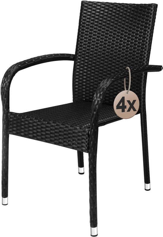 Chaise de jardin noire en osier avec accoudoirs, une étiquette ronde marron avec '4X'.