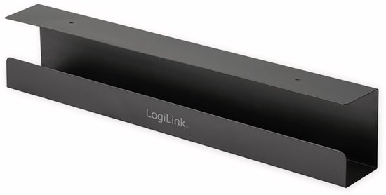 Zwarte LogiLink kabelgoot met een open bovenkant en gebogen voorrand. Zilverkleurig logo op de zijkant.