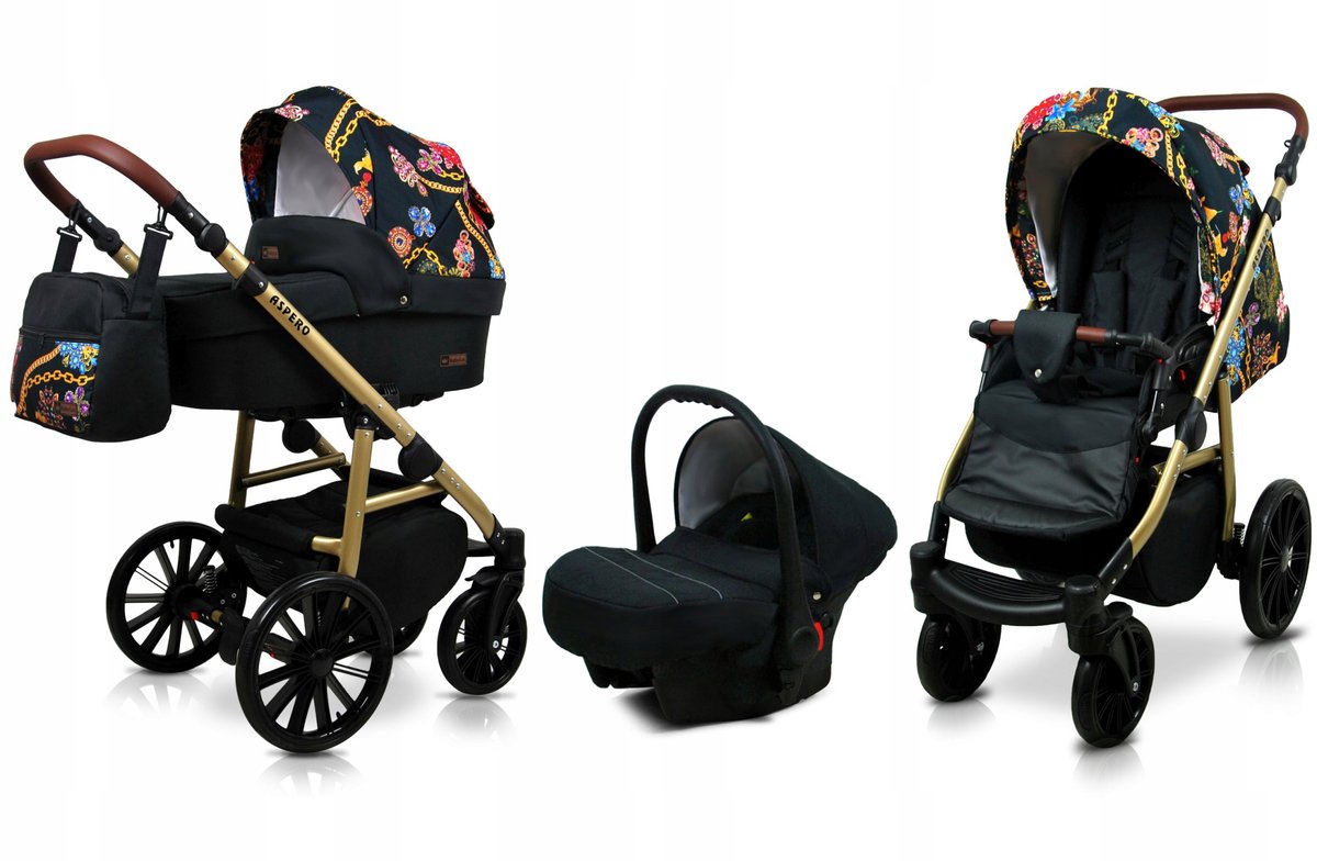 BabyLux® Kinderwagen 3in1 – ASPERO - GOLD CHAIN - Opklapbare Wandelwagen incl. Reiswieg, Multifunctionele Buggy Sportstoel, Autostoel - Combi-kinderwagen met Luiertas, Regenhoes, Klamboe, Bekerhouder, etc.
