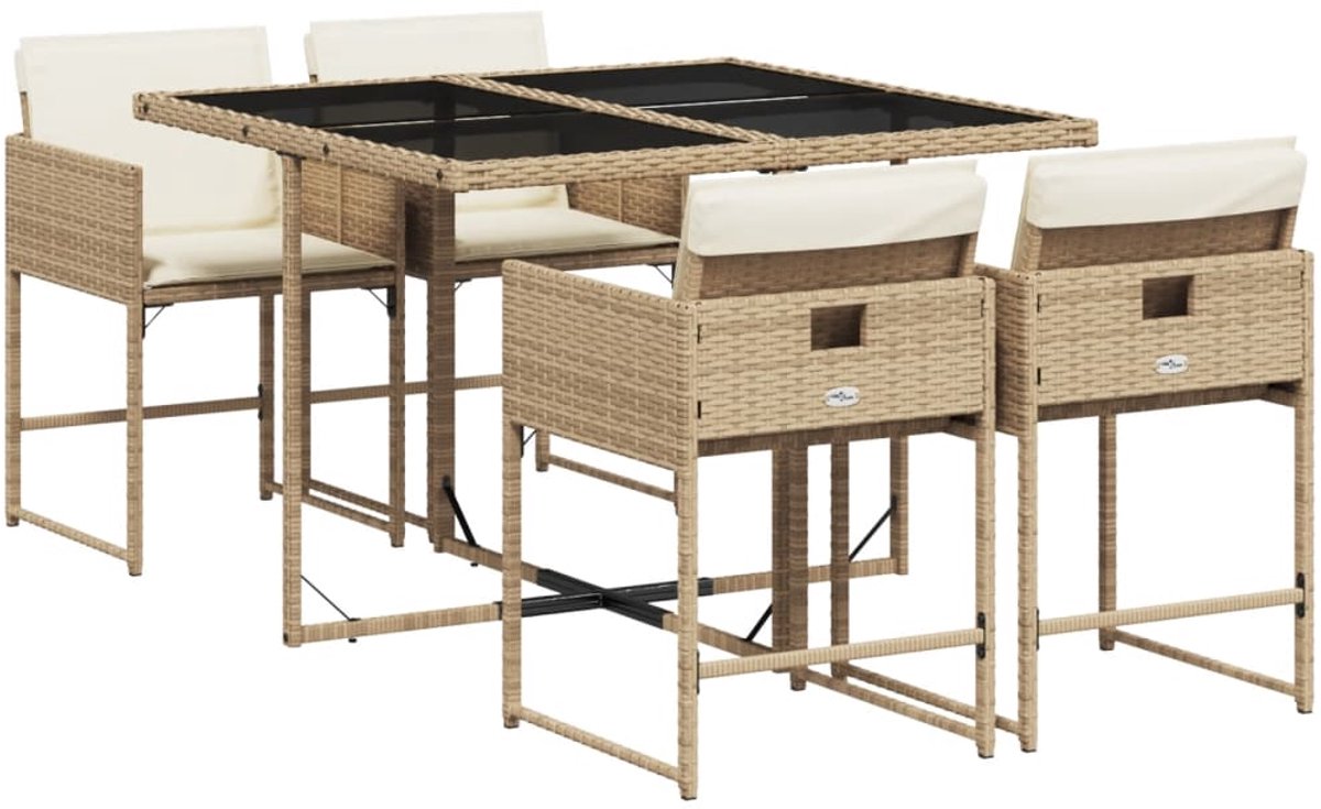 The Living Store 5-delige Tuinset met kussens poly rattan beige - Tuinmeubel - Buitentijd - Lounge Set - Eetkamerset - Poly Rattan