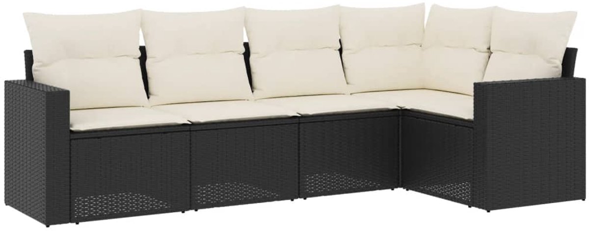 Zwarte poly rattan loungeset met kussens voor tuin en terras.