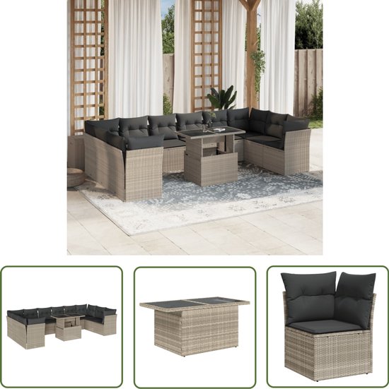 The Living Store 11-delige Loungeset met kussens poly rattan lichtgrijs - Loungebank - Lounge Set - Buitendecoratie - Tuinmeubels - Tuinlounge