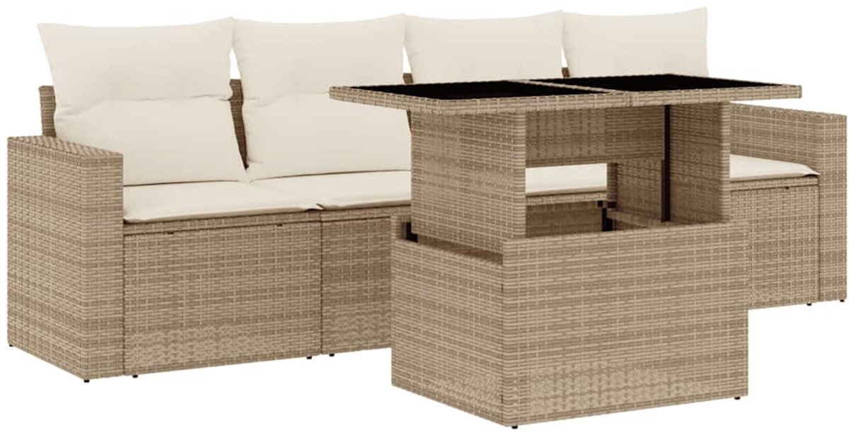 The Living Store 5-delige Loungeset met kussens poly rattan beige - Loungebank - Lounge Set - Buitendecoratie - Tuinmeubels - Terrassenstoel