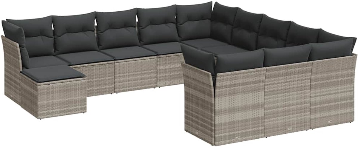 The Living Store 12-delige Loungeset met kussens poly rattan lichtgrijs - Loungestoel - Tuinset - Lounge Bank - Buitendecoratie - Outdoor Furniture