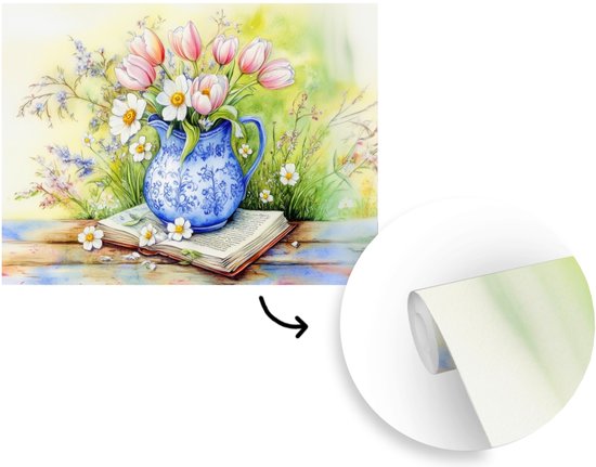 Behang - Fotobehang Vaas - Delftsblauw - Madeliefjes - Breedte 400 cm x hoogte 300 cm