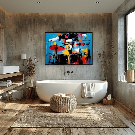 JJ-Art (Glas) 120x80 | Batterie, batteur, abstrait, style Herman Brood, coloré, art | musique, instrument de musique, rouge, jaune, bleu, moderne | Foto-schilderij-glasschilderij-acrylglas-acrylaat-wanddecoratie