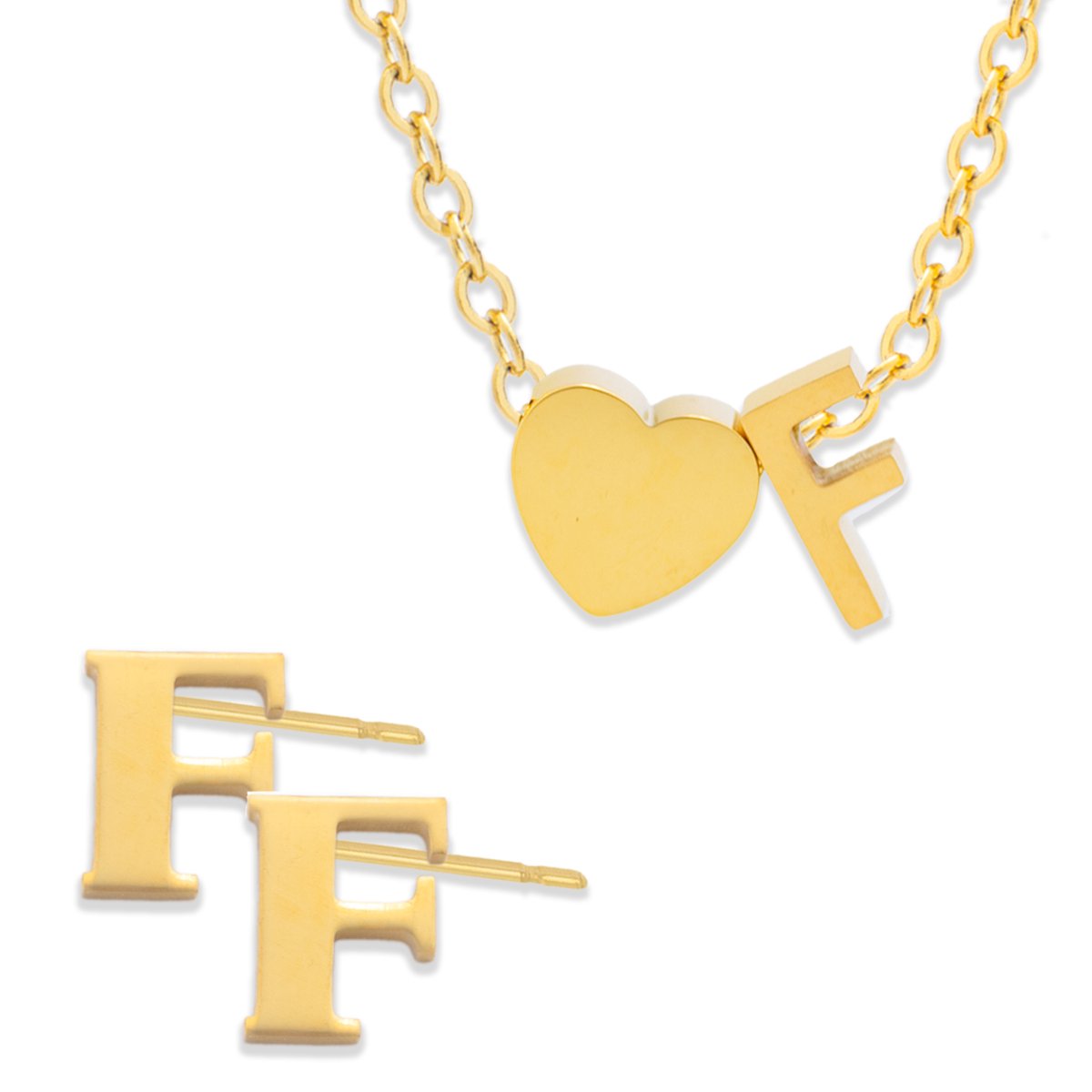 Initiaal Ketting & Oorbellen set met Letter F Goudkleurig - Stainless Steel - Met letter & Hartje! - 2x Sieraden Cadeau - Pax Amare