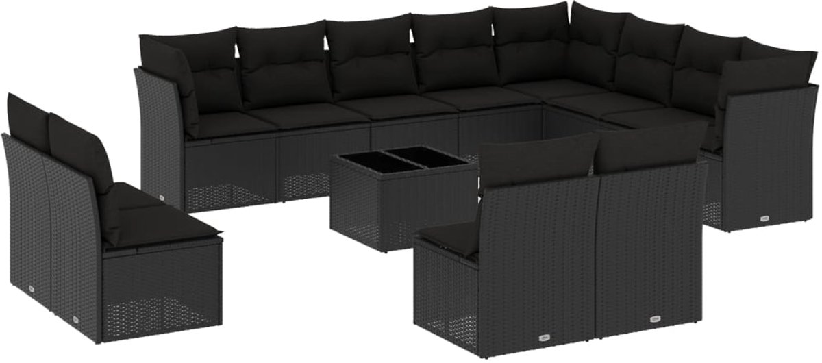 The Living Store 13-delige Loungeset met kussens poly rattan zwart - Loungeset - Tuinlounge - Lounge Set - Buitendecoratie - Outdoor Furniture
