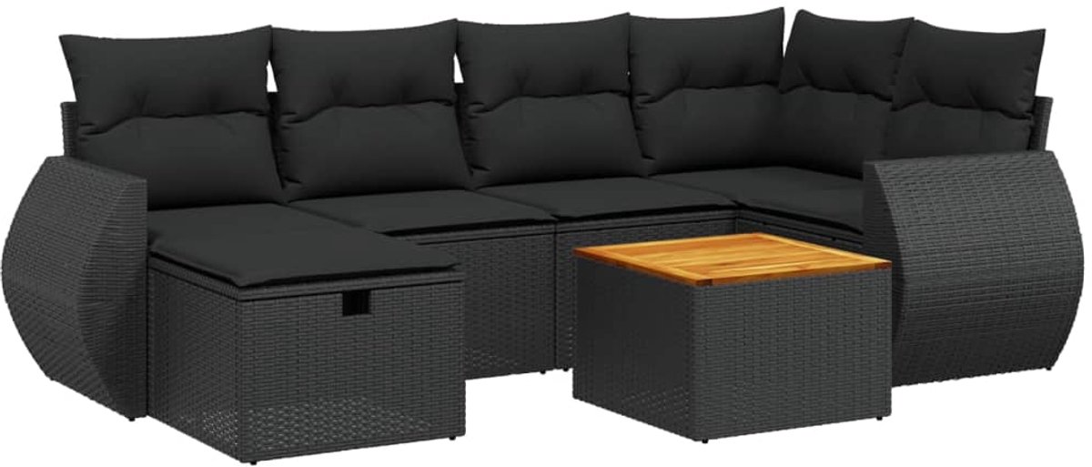Zwart poly rattan loungeset met kussens voor tuindecoratie.
