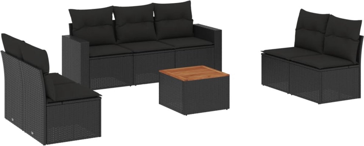 Zwart poly rattan loungeset met kussens voor buiten - The Living Store