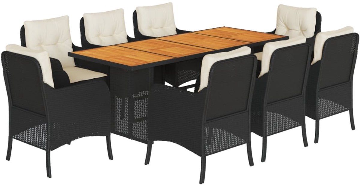 Zwarte poly rattan tuinset met 9 delen voor eetkamer- en loungegebruik.