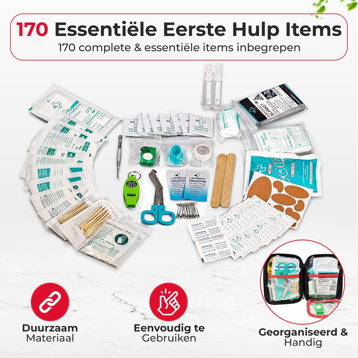 General Medi Verbanddoos Thuis 170-delig Rood - EHBO Kit met Nooddeken - Waterdichte Tas voor Huis en Auto – foto 2