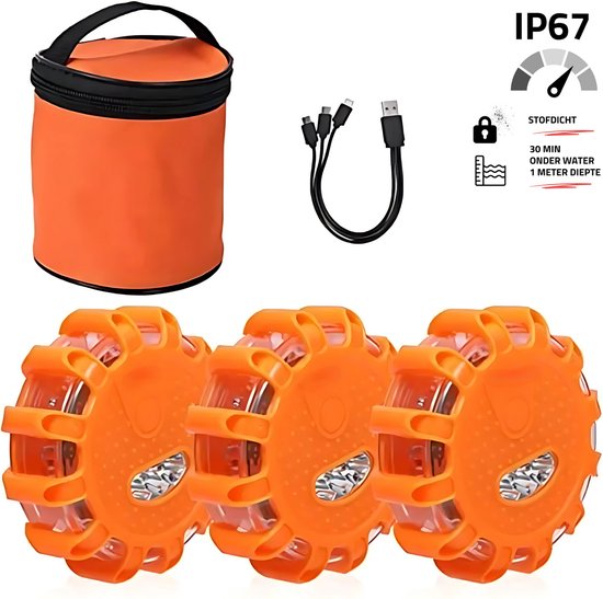 Auto of boot Alarmlichten Set - 3 Stuks - Magnetisch - USB-C Oplaadbaar - Noodpakket - Noodzwaailicht - Waarschuwingslicht - Noodverlichting Auto - Zwaailicht oranje
