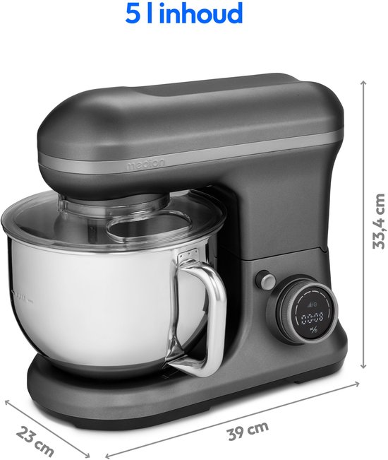 MEDION keukenmachine (1.200 watt, 8 standen, mengen kneden roeren, digitaal display, 5 liter roestvrijstalen kom, ijskom voor het bereiden van ijs, MD18420) antraciet van Medion — afbeelding 3