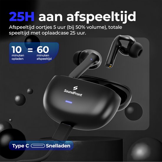 Zwarte oordopjes met oplaadcase, 25 uur afspeeltijd met oplaadcase. 10 minuten opladen voor 60 minuten afspeeltijd. Type C Snel laden.
