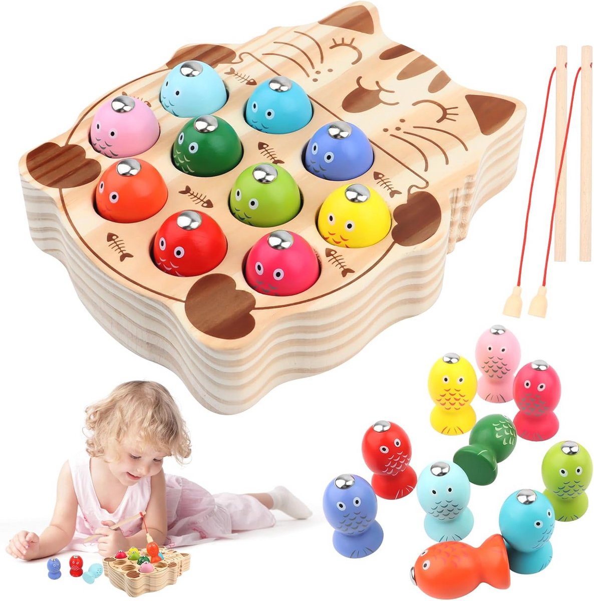 Houten Magnetisch Vissenspel voor Kinderen - 2-in-1 Montessori Speelgoed vanaf 2 Jaar