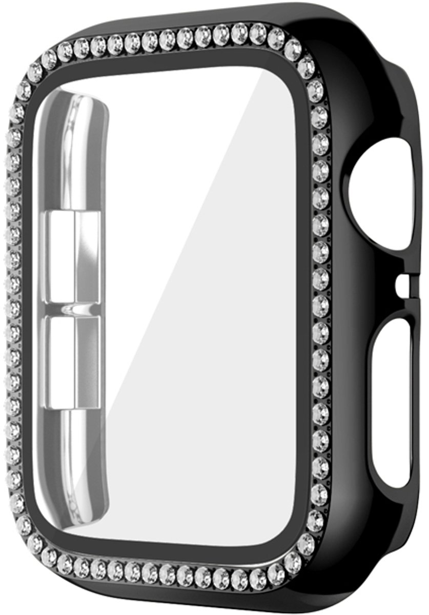 Watch case screenprotector - hoesje - gehard glas - geschikt voor Apple Watch Series 7/8/9 met case size 45 mm - glittersteentjes - zwart