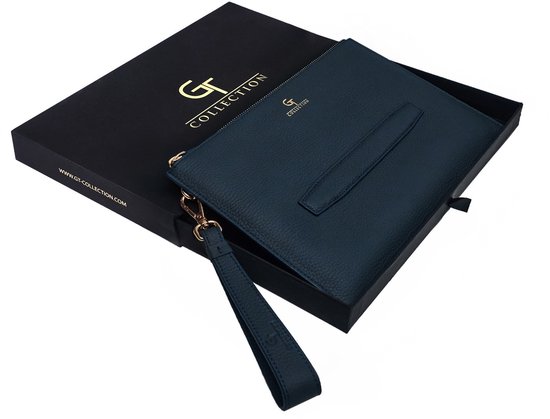 GT Collection - Sac à main en cuir pour homme - Bleu avec détails dorés - Article fait main au design unique - Fabriqué en cuir de veau véritable de haute qualité - Dimensions : 28 x 18 cm