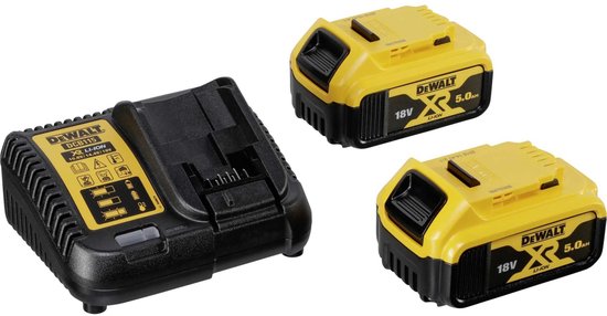 Zwarte acculader en twee gele 18V 5.0Ah DeWalt accu's.