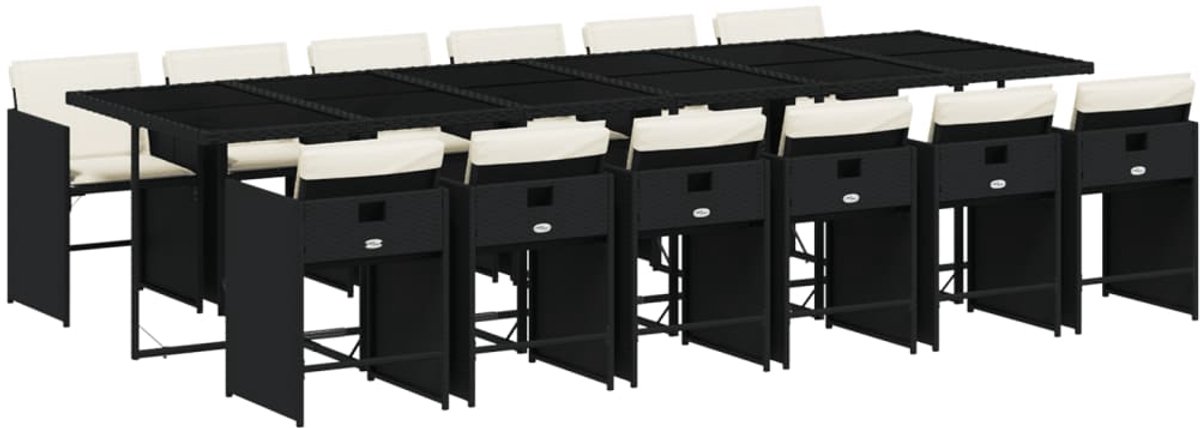 The Living Store 13-delige Tuinset met kussens poly rattan zwart - Tuinset - Buitentafel - Lounge Set - Eetkamerset - Patio Furniture