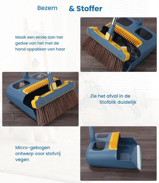 Bezem en stoffer en blik set met lange steel, 180 graden draaibare veger en stoffer en blik combo, bezem en stoffer en blik set bevat 30 stuks elektrostatisch stofpapier voor thuis, kantoor, keuken van VAIIGO — afbeelding 2