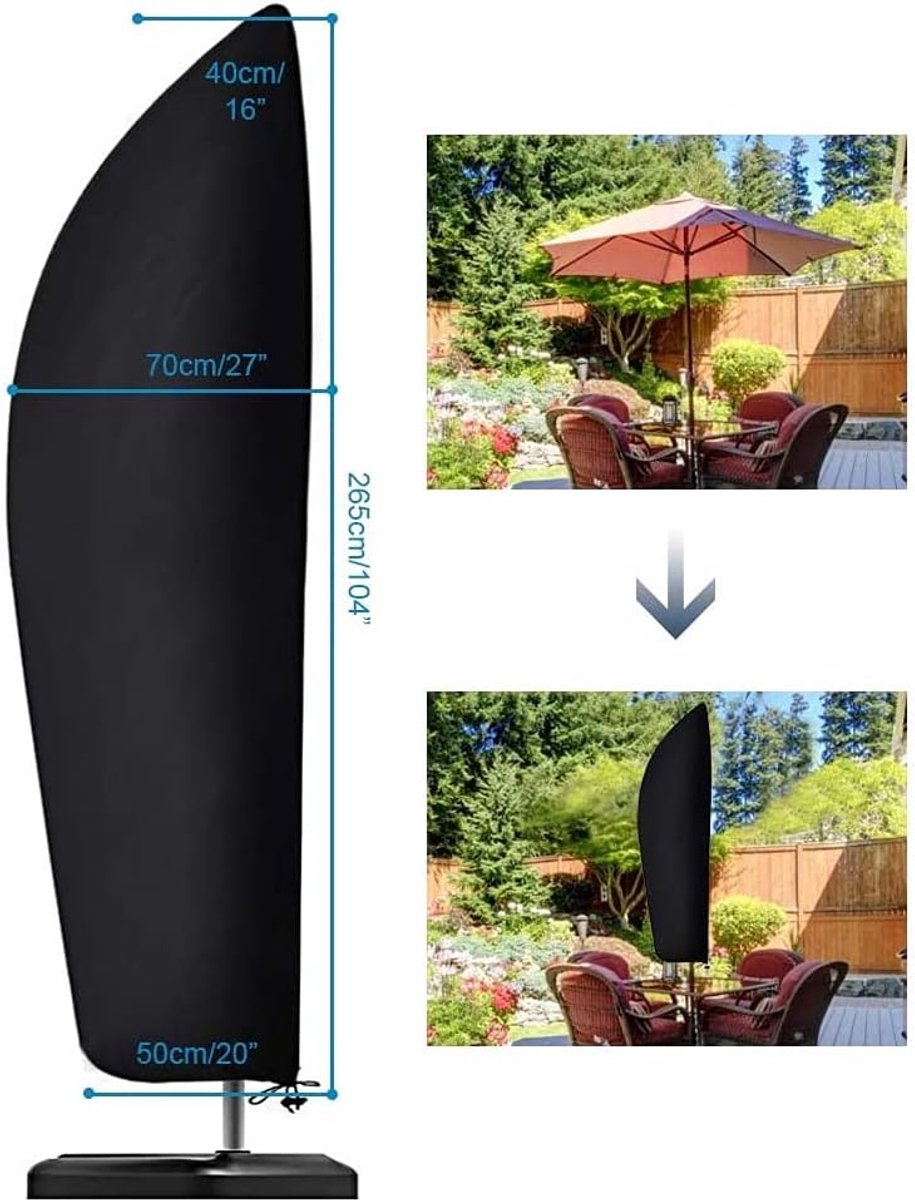 Famanu Parasolhoes, waterdicht, winddicht, anti-uv, robuust, scheurvast, 210D Oxford-stof, extra grote vrijdragende parapluhoes met ritssluiting (265 x 40/70/50 cm) Zwart