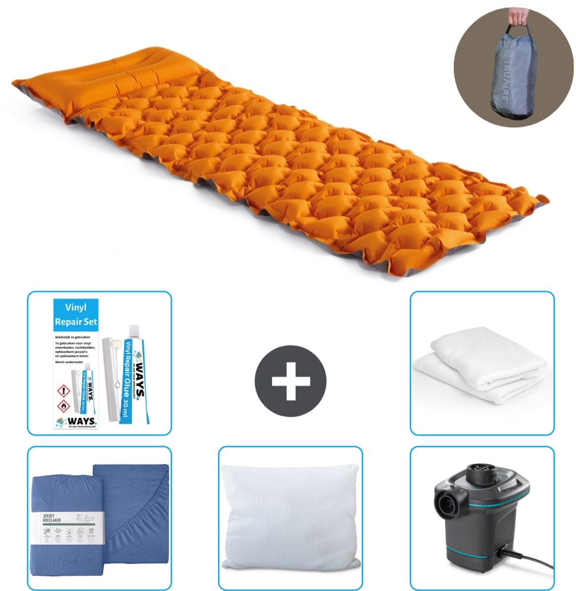 Intex Campingmat - 1-Persoons - 71 x 191 x 11 cm - Oranje - Inclusief Hoeslaken - Kussen - Pomp - Reparatieset en Kussenbeschermer