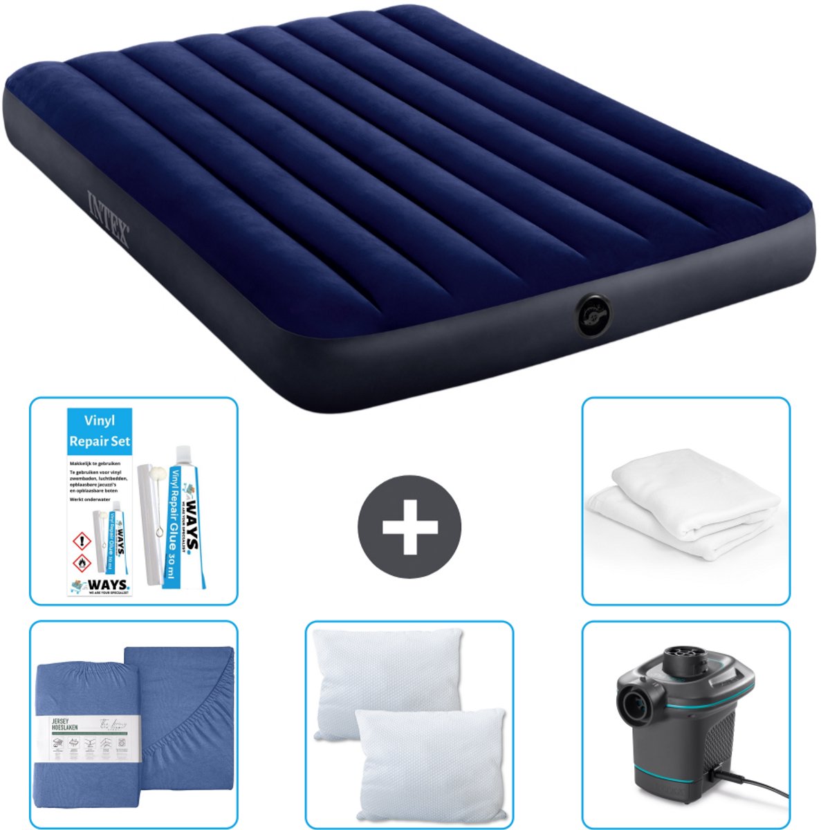 Intex Luchtbed - Twijfelaar - 137 x 191 x 25 cm - Blauw - Inclusief Hoeslaken - Kussen - Pomp - Reparatieset en Kussenbeschermer
