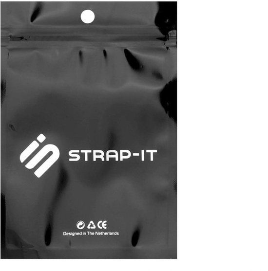 Zwarte verpakking van Strap-it met logo en "Designed in The Netherlands".