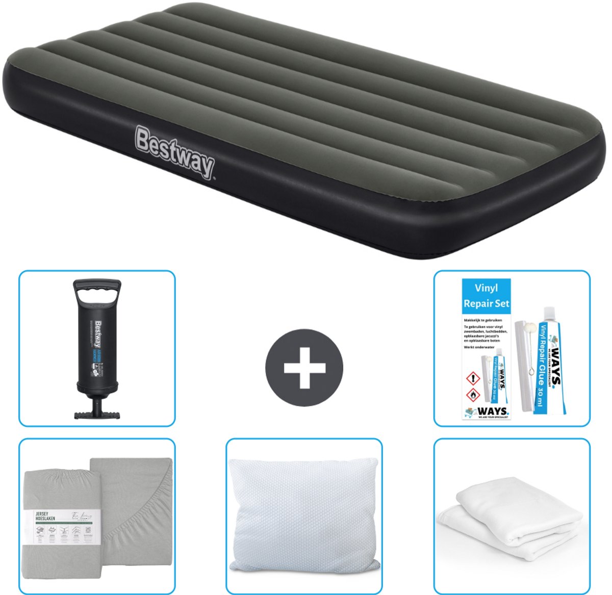 Bestway luchtbed - 1-Persoons - 99 x 188 x 28 cm - Blauw - Inclusief pomp - Hoeslaken - Kussen - Kussenbeschermer - Pomp en Reparatieset