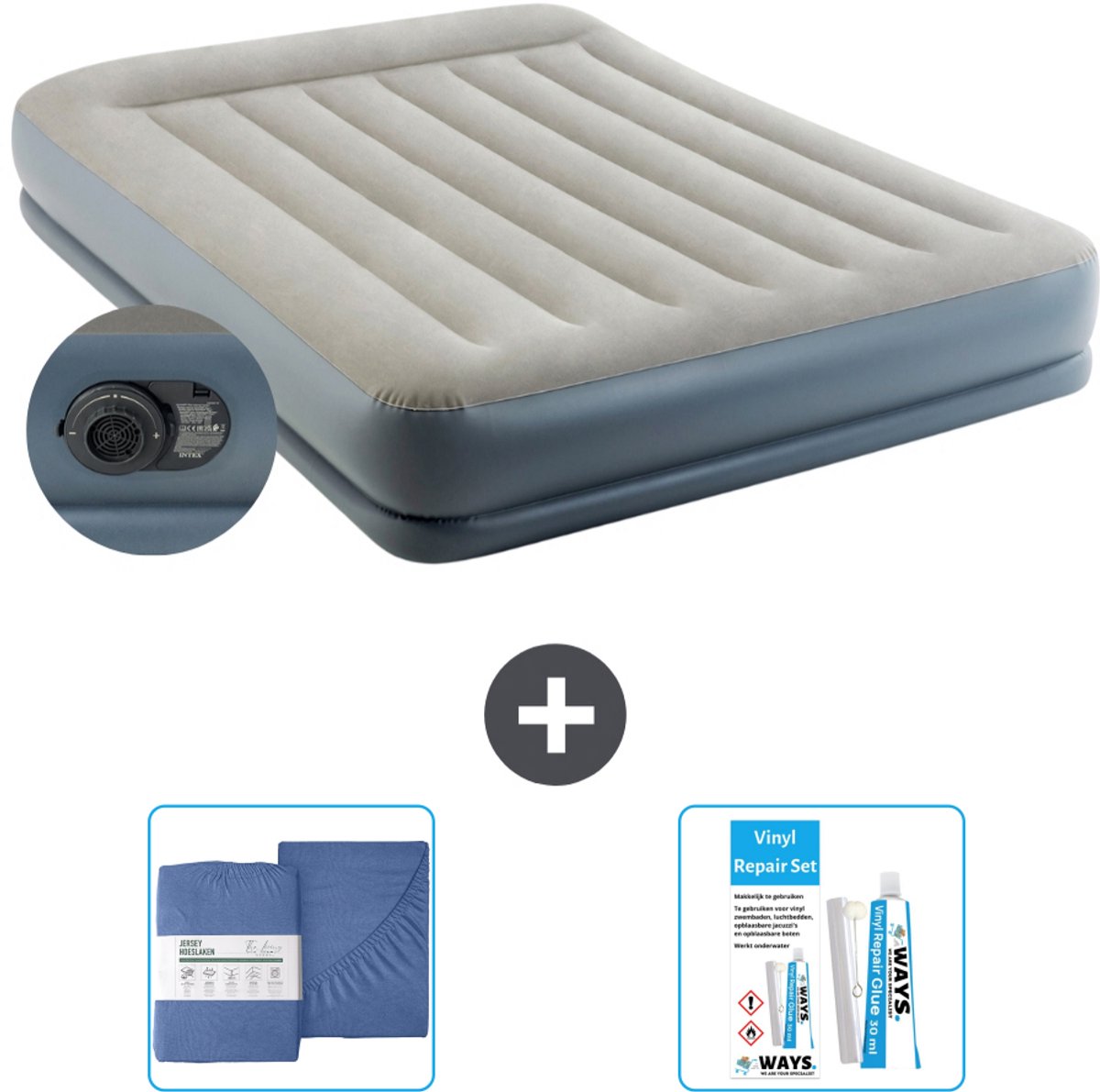 Intex Luchtbed - 2-Persoons - 152 x 203 x 30 cm - Grijs - Inclusief pomp - Hoeslaken en Reparatieset
