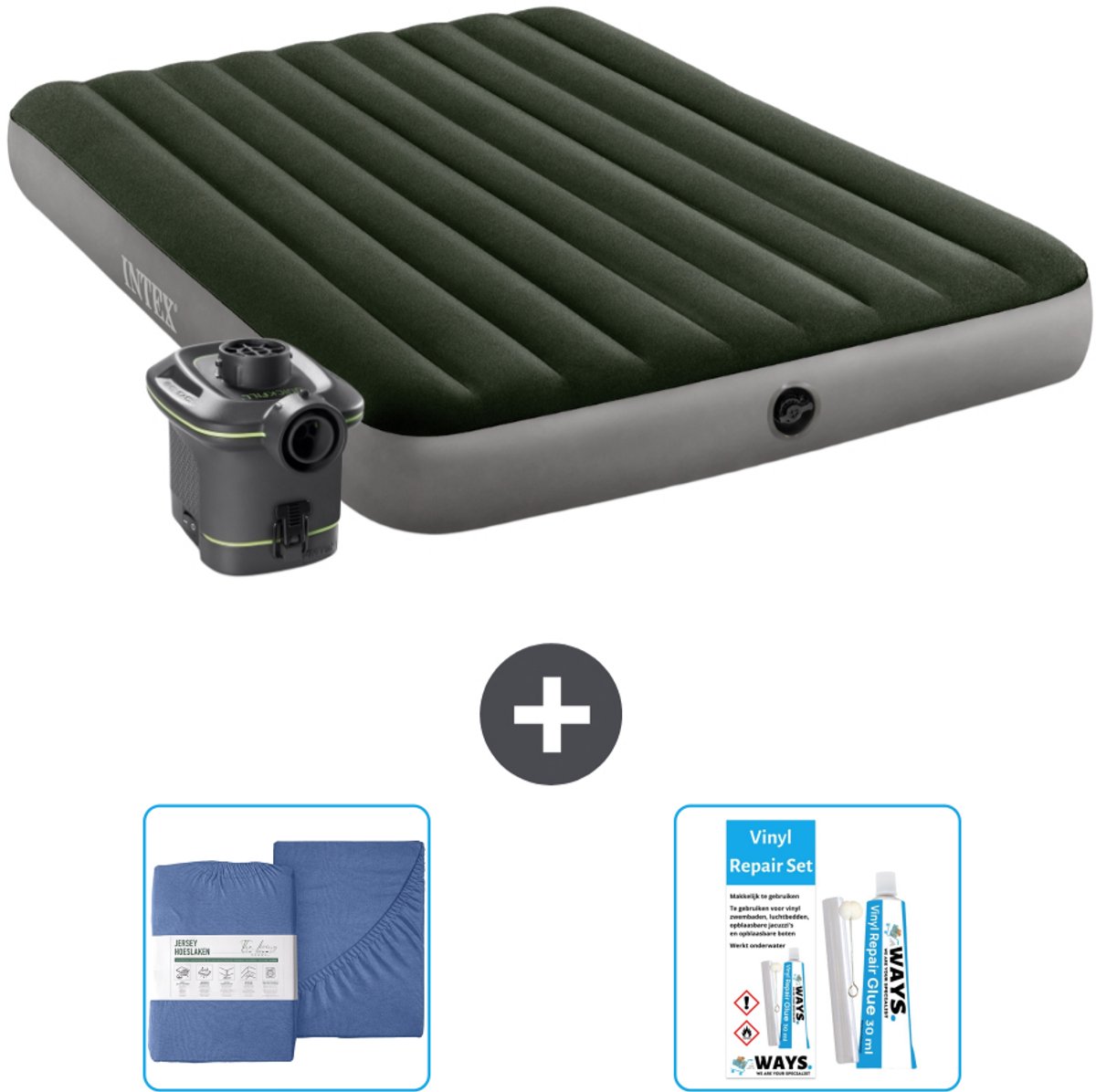 Intex Luchtbed - 2-Persoons - 152 x 203 x 25 cm - Groen - Inclusief pomp - Hoeslaken en Reparatieset