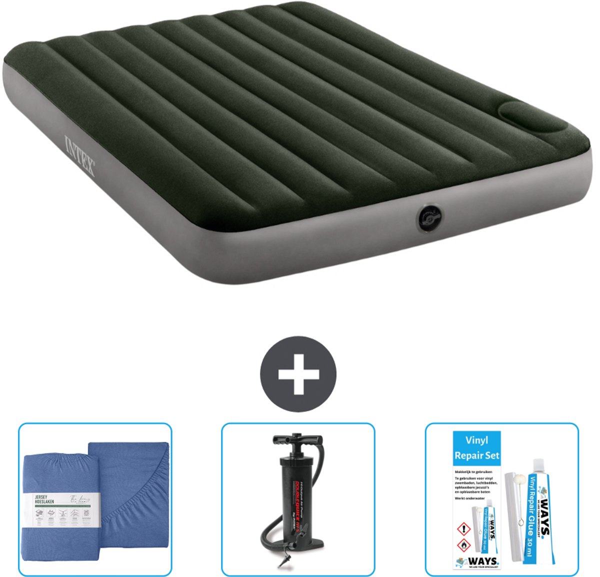 Intex Luchtbed - 2-Persoons - 152 x 203 x 25 cm - Groen - Inclusief Hoeslaken - Pomp en Reparatieset