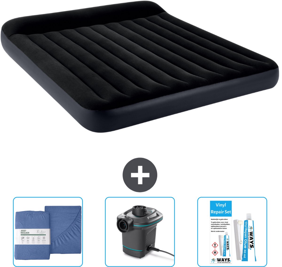 Intex Luchtbed - 2-Persoons - 183 x 203 x 25 cm - Donkerblauw - Inclusief Hoeslaken - Pomp en Reparatieset