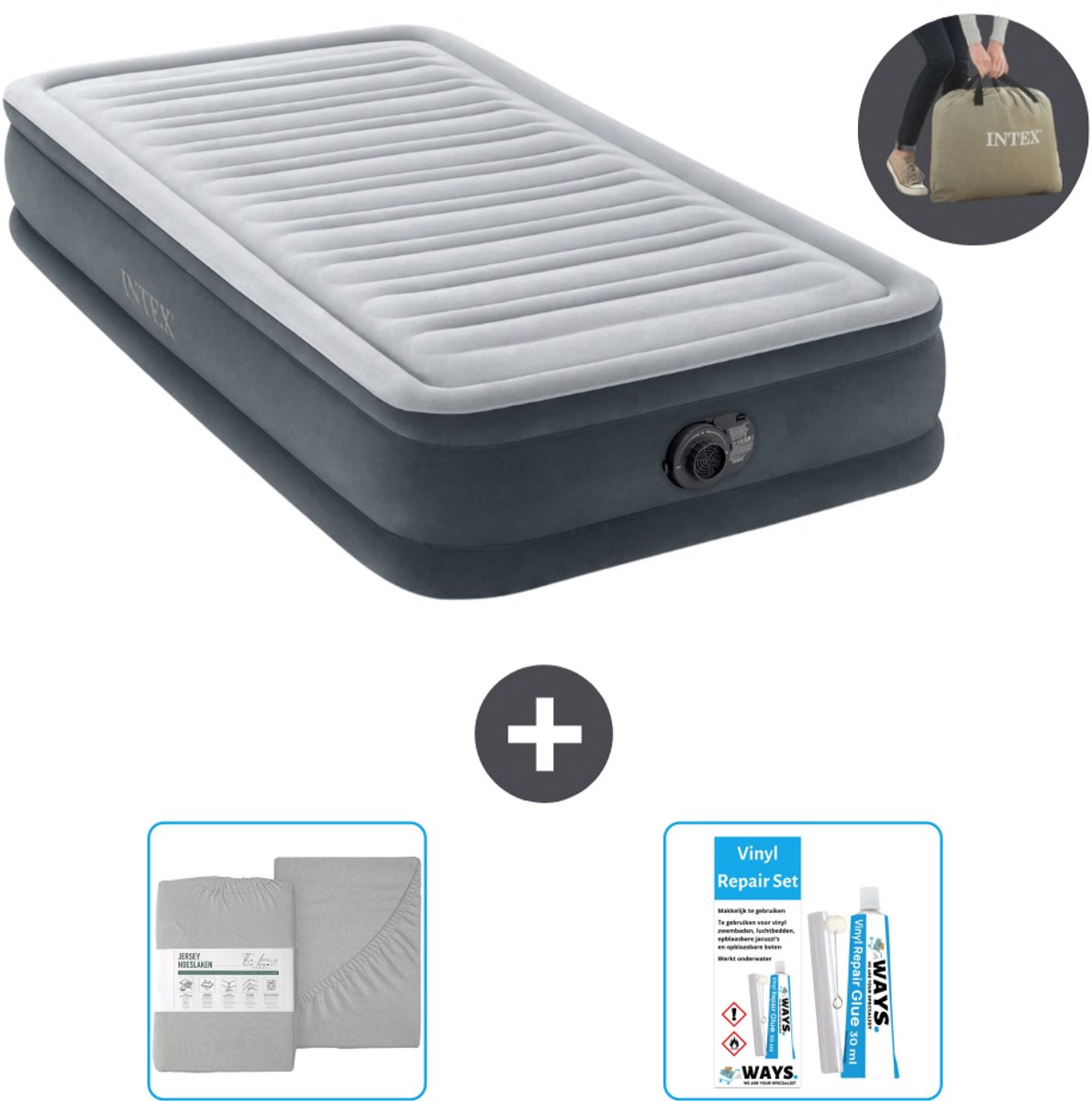 Intex Luchtbed - 1 Persoons - 99 x 191 x 33 cm - Grijs - Inclusief pomp - Hoeslaken en Reparatieset