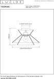 Technische tekening van Lucide TASMAN plafondlamp met afmetingen H22cm, L32xW32xH20cm, L10xW10xH2.5cm.