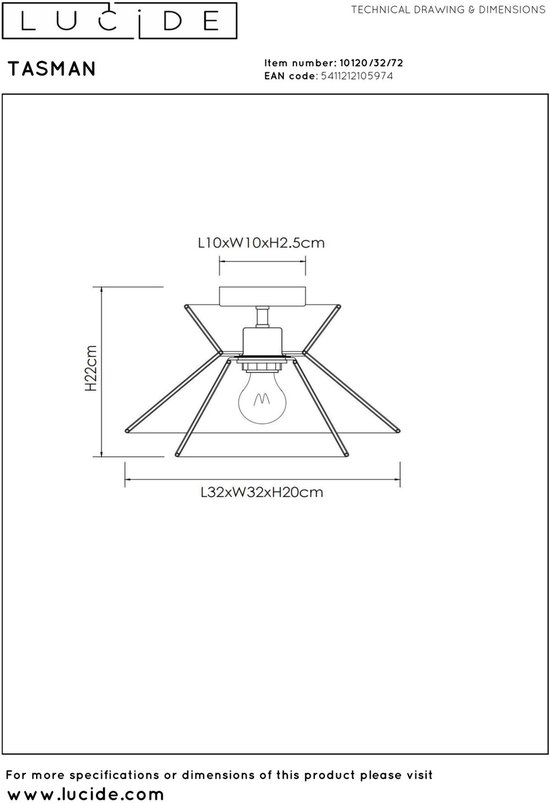 Technische tekening van Lucide TASMAN plafondlamp met afmetingen H22cm, L32xW32xH20cm, L10xW10xH2.5cm.