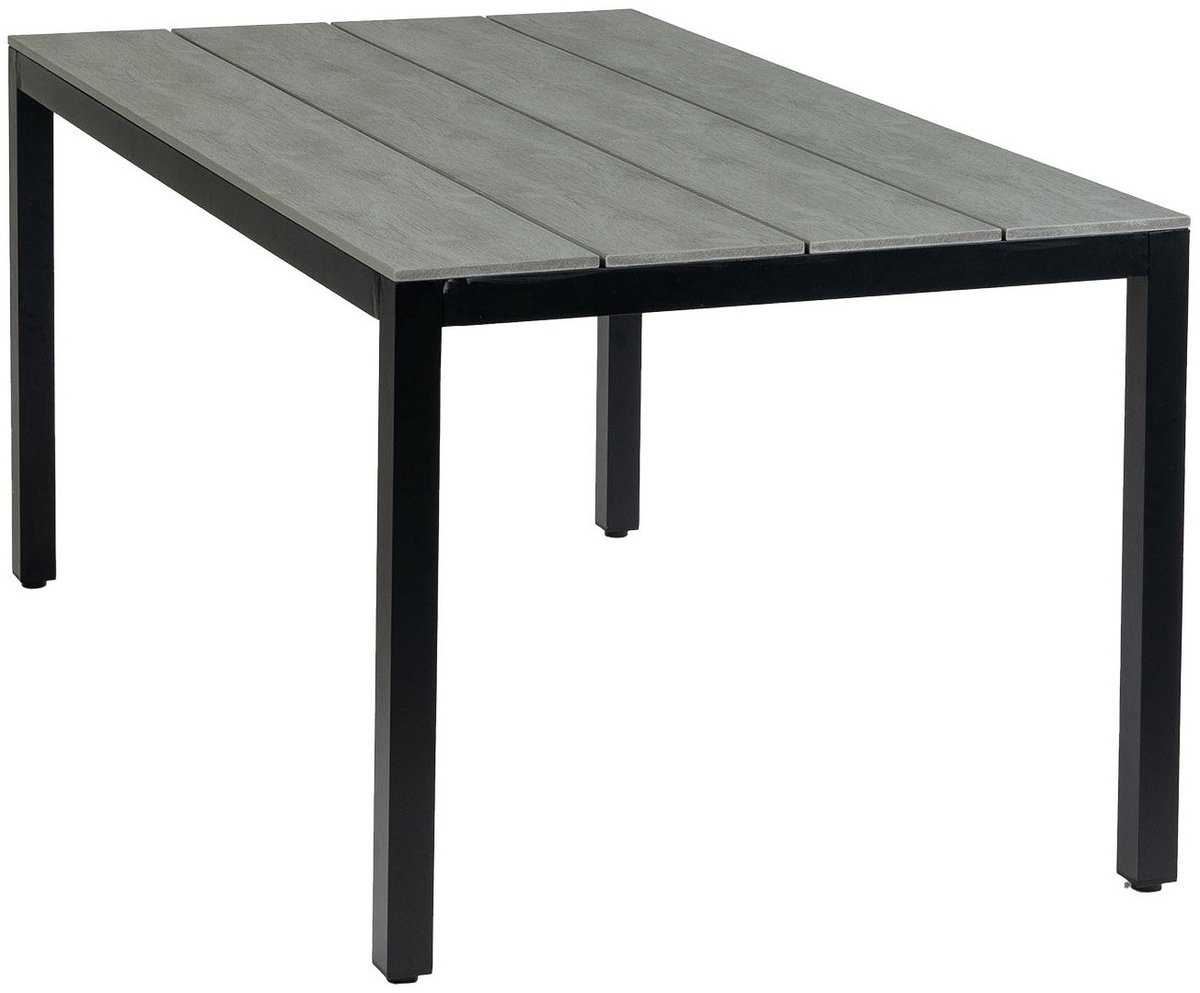 Tuinset met 4 zwarte stapelbare tuinstoelen en grijze 160cm tuintafel.
