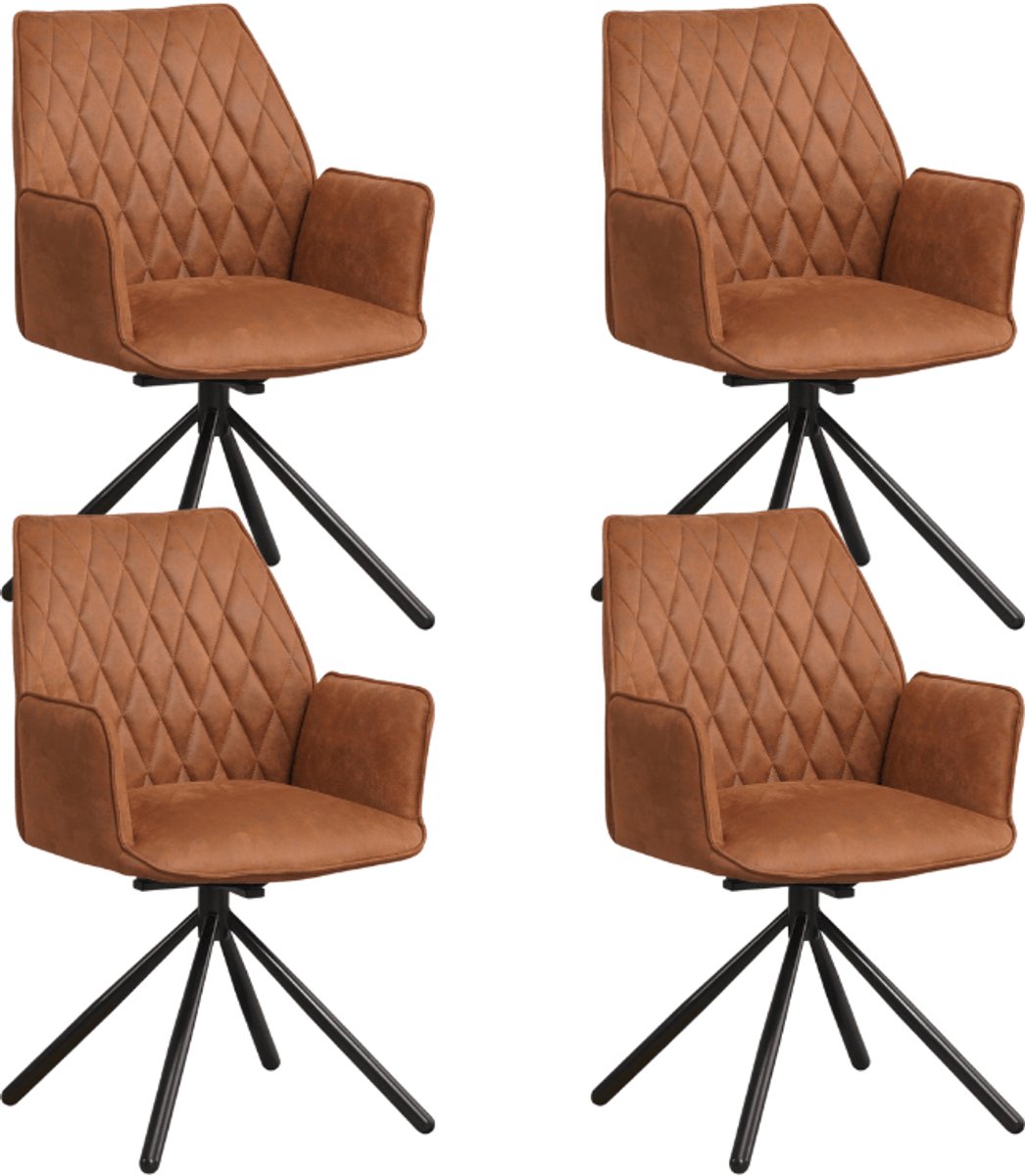 Dimehouse Set van 4 Draaibare Eetkamerstoelen Novan Industrieel Cognac Stof – 180° Draaibaar - Stof - Industrieel