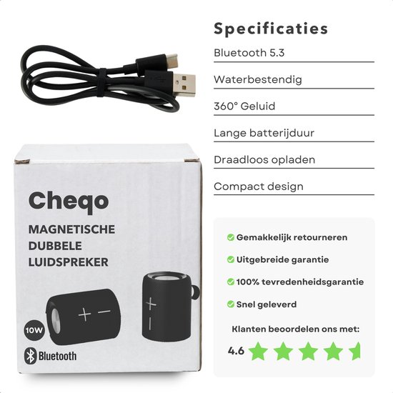 Cheqo® Magnetische Dual Bluetooth Speaker - Draadloze Speaker - Draadloos & Compact - Krachtig Geluid - Zwart — afbeelding 4