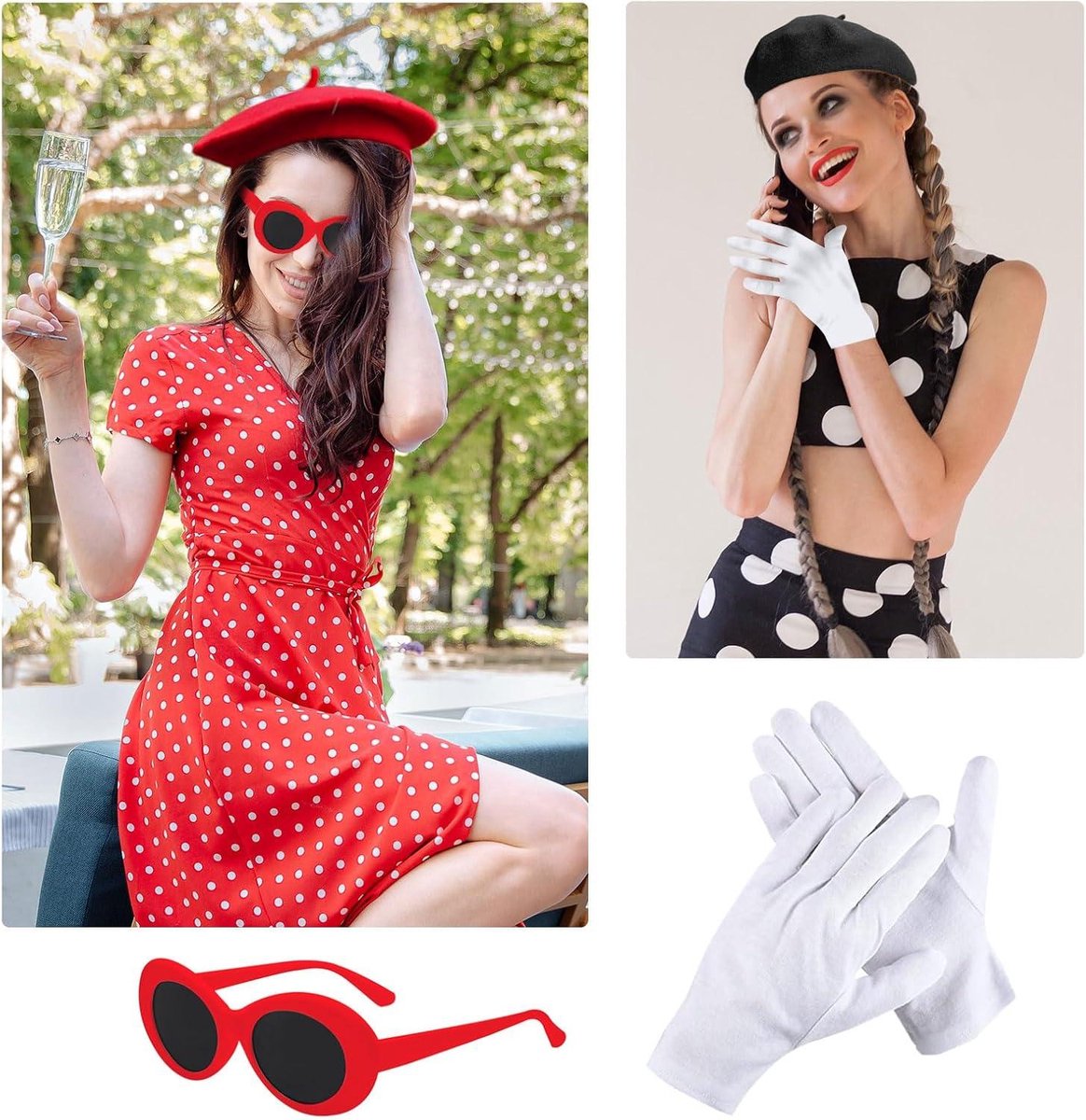 Ensemble Déguisement Français Femme - Béret, Écharpe, Lunettes, Gants