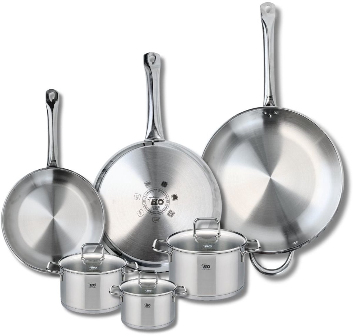 Set van 3 Koekenpannen 24, 28 en 32 cm en 3 kookpotten 12, 14 en 16 cm Elo Profi Citrin