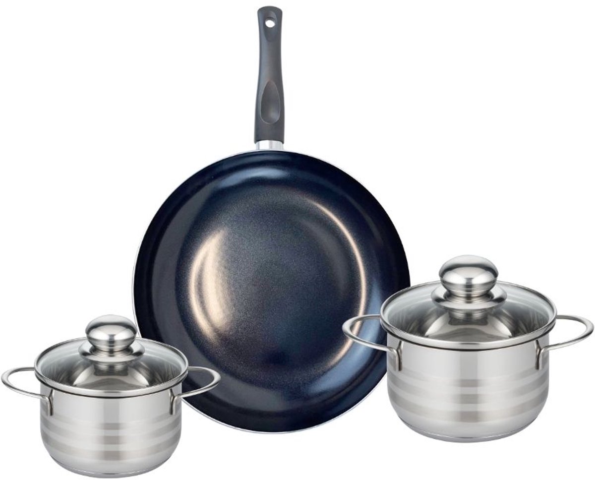 Set van 1 Koekenpan 28 cm en 2 kookpotten 14 en 16 cm Elo Prima Glanzend