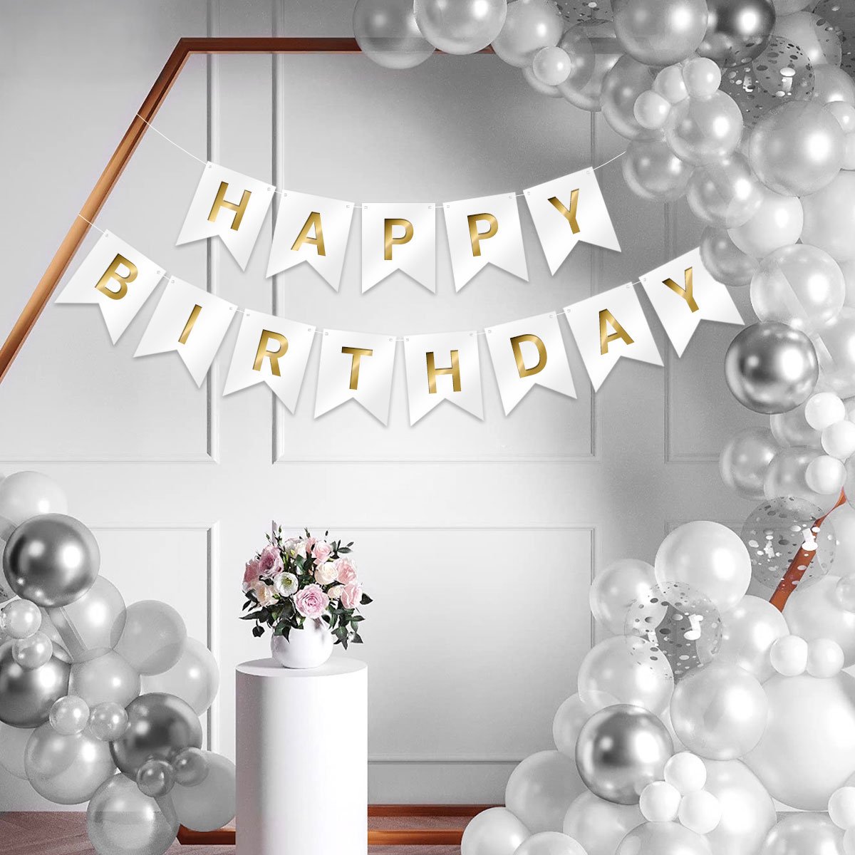 LUQ - Wit & Goud Happy Birthday Slinger Verjaardag Versiering Feest Versiering Verjaardag Slingers Decoratie — afbeelding 3