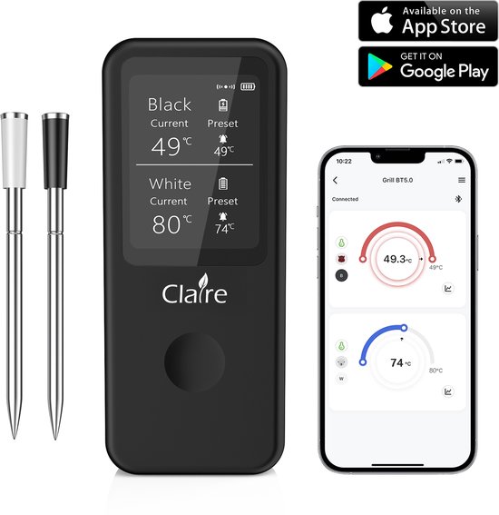 Claire vleesthermometer met twee probes naast het apparaat en een smartphone met app.