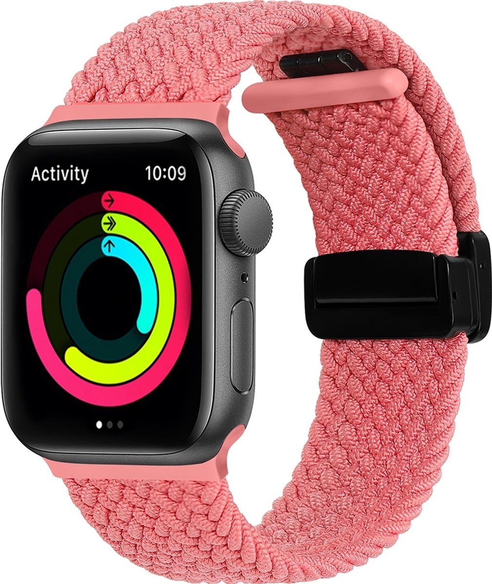 Mobigear Nylon Watch bandje geschikt voor Apple Watch Bandje Magneetsluiting | Mobigear Braided Mag - 49/46/45/44 mm - Roze