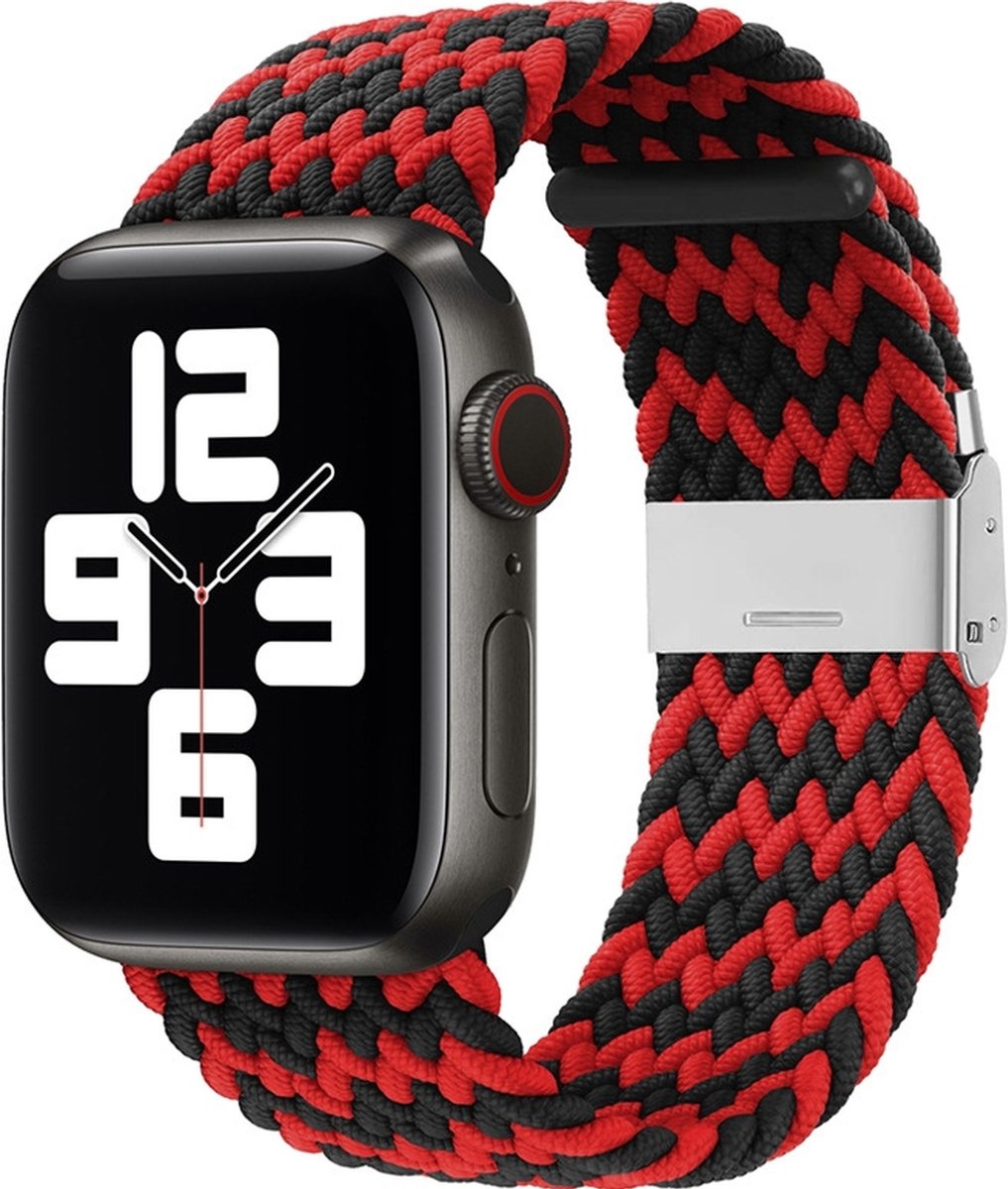 Mobigear Nylon Watch bandje geschikt voor Apple Watch Bandje Klemsluiting | Mobigear Braided - 42/41/40/38 mm - Zwart / Rood