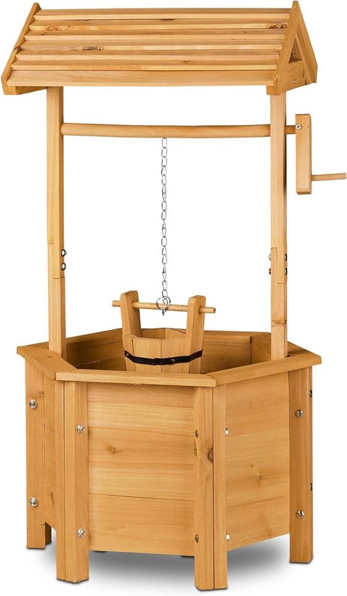 Relaxdays Puit de décoration jardin en bois avec seau et manivelle