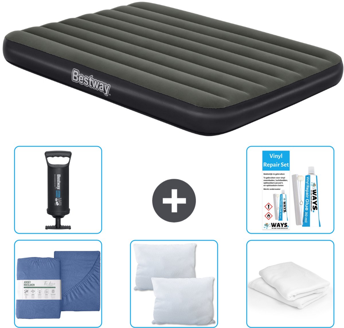 Bestway luchtbed - Twijfelaar- 137 x 191 x 25 cm - Groen - Inclusief Hoeslaken - Kussen - Kussenbeschermer - Pomp en Reparatieset