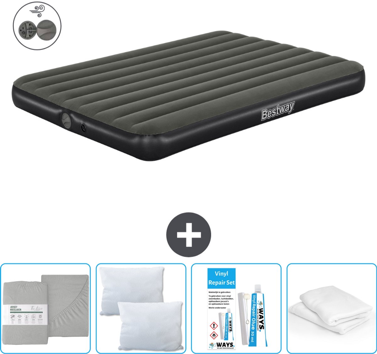 Bestway luchtbed - 2-Persoons - 152 x 203 x 25 cm - Groen - Inclusief pomp - Hoeslaken - Kussen - Kussenbeschermer en Reparatieset